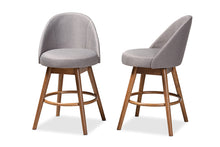 Load image into Gallery viewer, Baxton Studio Carra Mid-Century Modern Grey Fabric Upholstered Walnut-Finished Wood Swivel Counter Stool Set of 2
