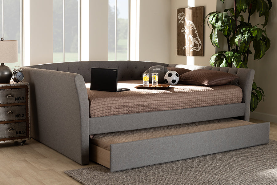 Baxton Studio Delora Modern and Contemporary Light Grey Fabric Upholstered Full Size Daybed with Roll-Out Trundle Bed