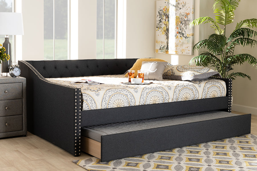Baxton Studio Haylie Modern and Contemporary Dark Grey Fabric Upholstered Full Size Daybed with Roll-Out Trundle Bed