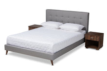 Load image into Gallery viewer, Baxton Studio Maren Mid-Century Modern Light Grey Fabric Upholstered Queen Size Platform Bed with Two Nightstands
