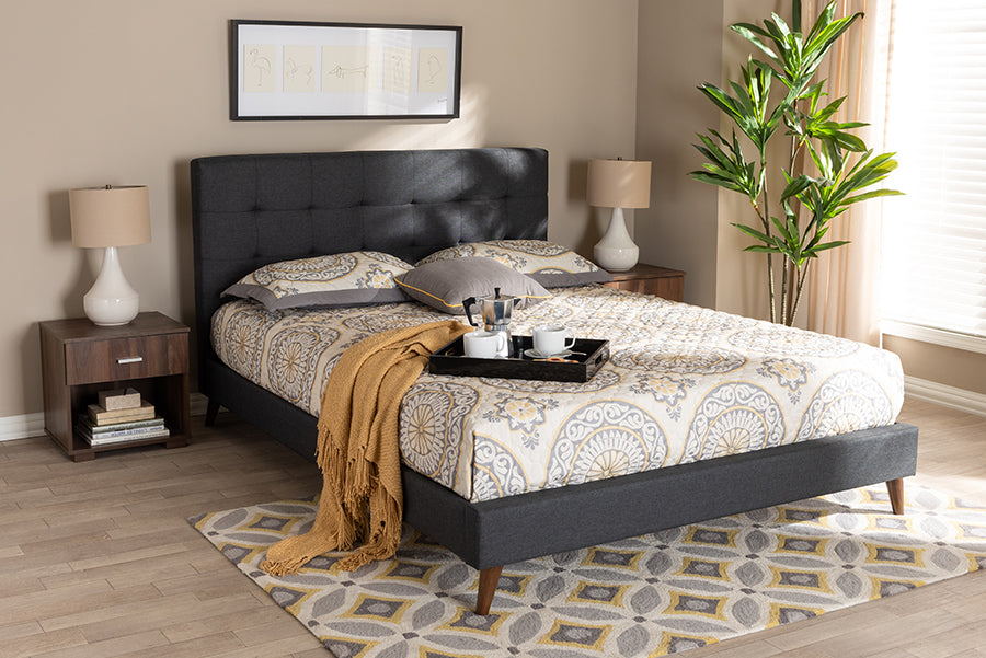 Baxton Studio Maren Mid-Century Modern Dark Grey Fabric Upholstered Queen Size Platform Bed with Two Nightstands
