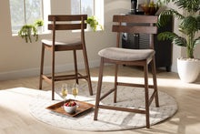 Load image into Gallery viewer, Baxton Studio Larine Modern and Contemporary Light Grey Fabric Upholstered Walnut Finished 2-Piece Wood Counter Stool Set
