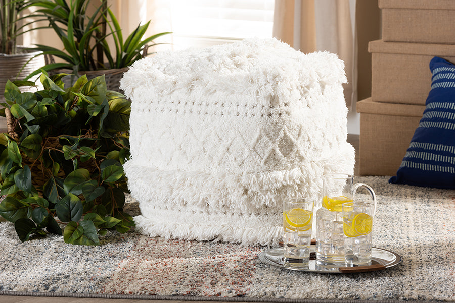 Baxton Studio Curlew Moroccan Inspired Ivory Handwoven Cotton Pouf Ottoman