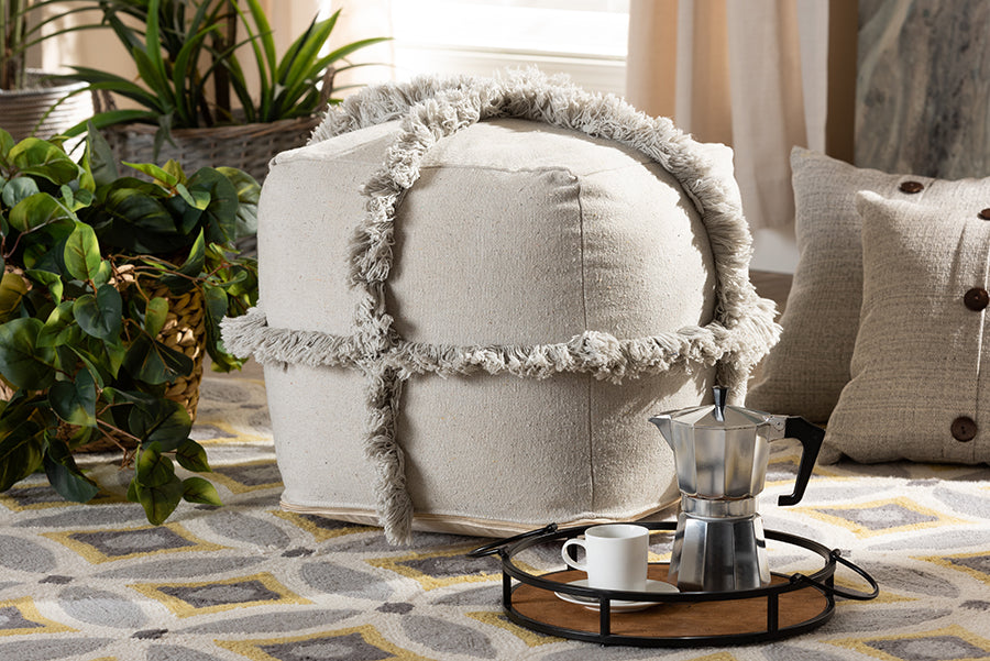 Baxton Studio Alfro Moroccan Inspired Grey Handwoven Cotton Fringe Pouf Ottoman