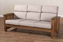 Load image into Gallery viewer, Baxton Studio Charlotte Modern Classic Mission Style Taupe Fabric Upholstered Walnut Brown Finished Wood 3-Seater Sofa
