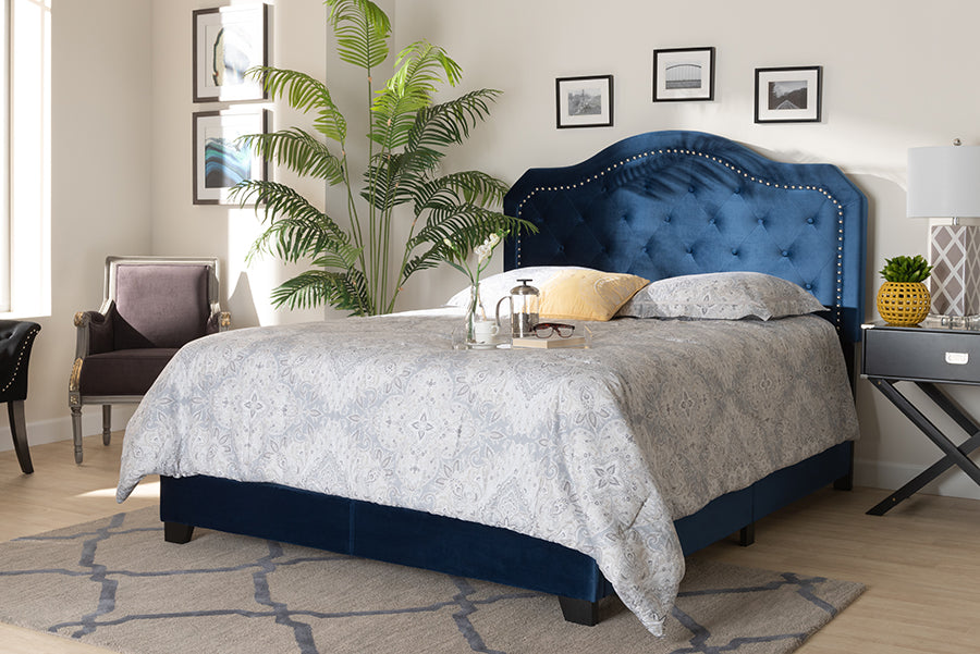 Baxton Studio Samantha Modern and Contemporary Navy Blue Velvet Fabric Upholstered Queen Size Button Tufted Bed
