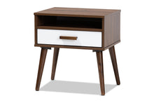 Load image into Gallery viewer, Baxton Studio Quinn Mid-Century Modern Two-Tone White and Walnut Finished 1-Drawer Wood End Table
