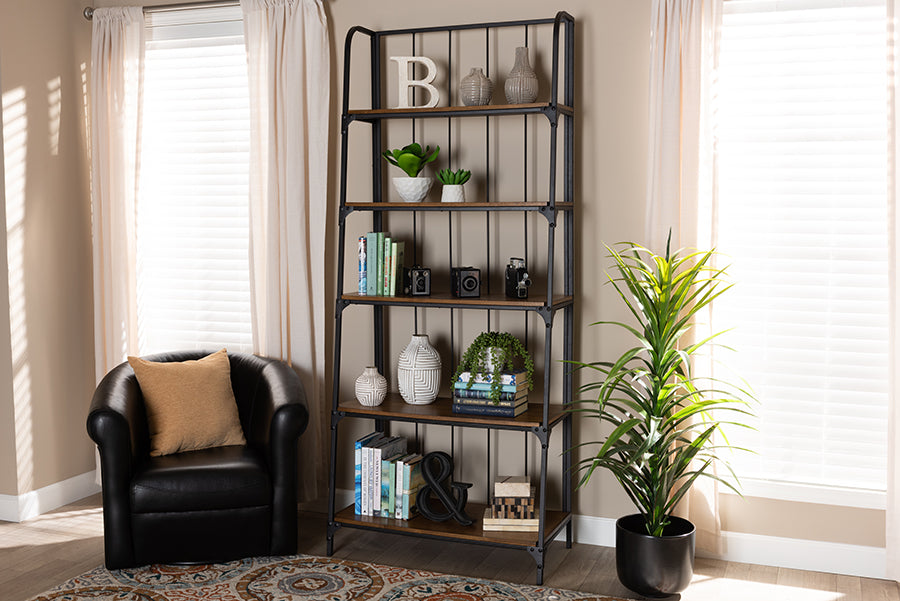 Baxton Studio Ceren Vintage Rustic Industrial Distressed Wood and Black Metal Finished 5-Tier Living Room Ladder Shelf