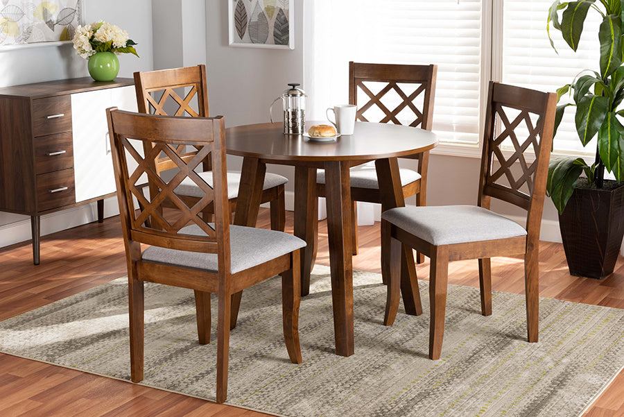 Baxton Studio Adara Modern and Contemporary Grey Fabric Upholstered and Walnut Brown Finished Wood 5-Piece Dining Set