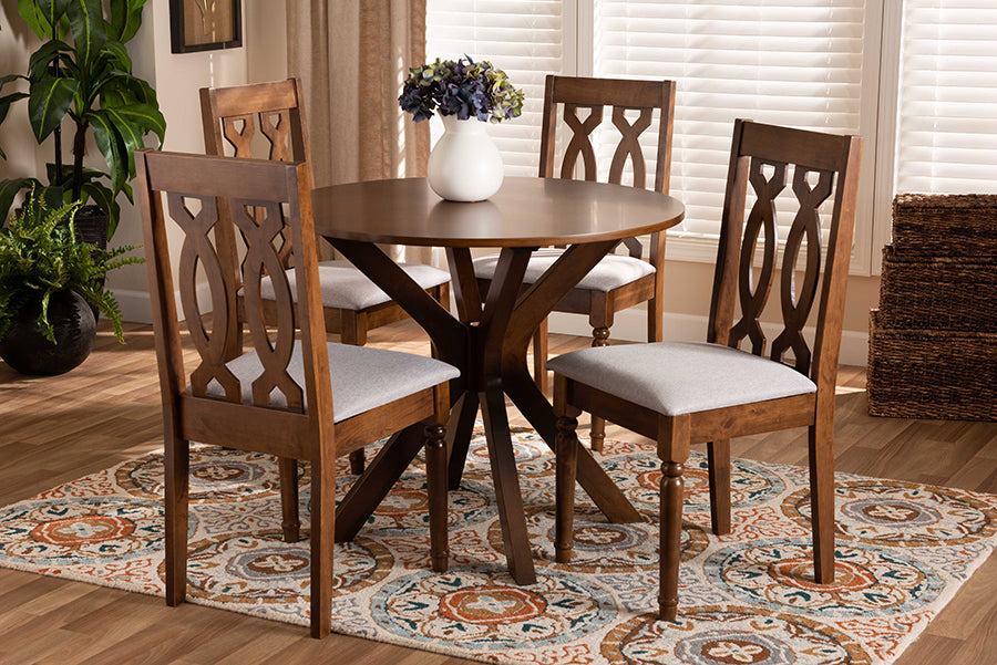 Baxton Studio Callie Modern and Contemporary Grey Fabric Upholstered and Walnut Brown Finished Wood 5-Piece Dining Set
