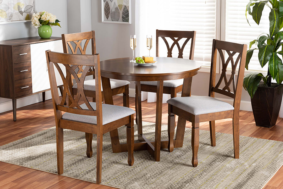 Baxton Studio Aggie Modern and Contemporary Grey Fabric Upholstered and Walnut Brown Finished Wood 5-Piece Dining Set