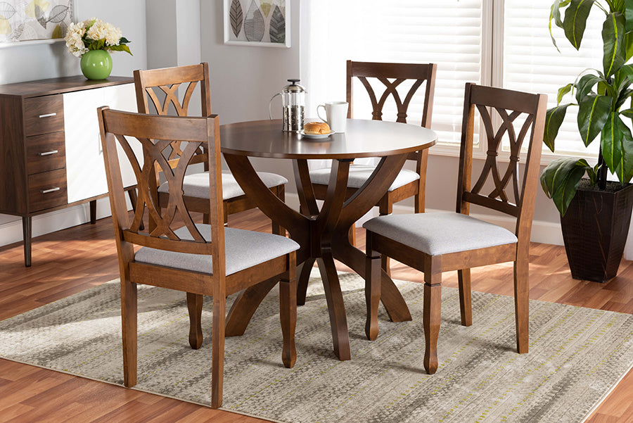 Baxton Studio April Modern and Contemporary Grey Fabric Upholstered and Walnut Brown Finished Wood 5-Piece Dining Set