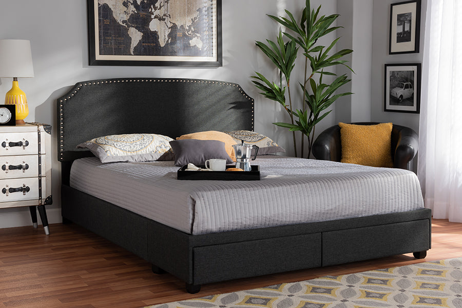 Baxton Studio Larese Dark Grey Fabric Upholstered 2-Drawer Queen Size Platform Storage Bed