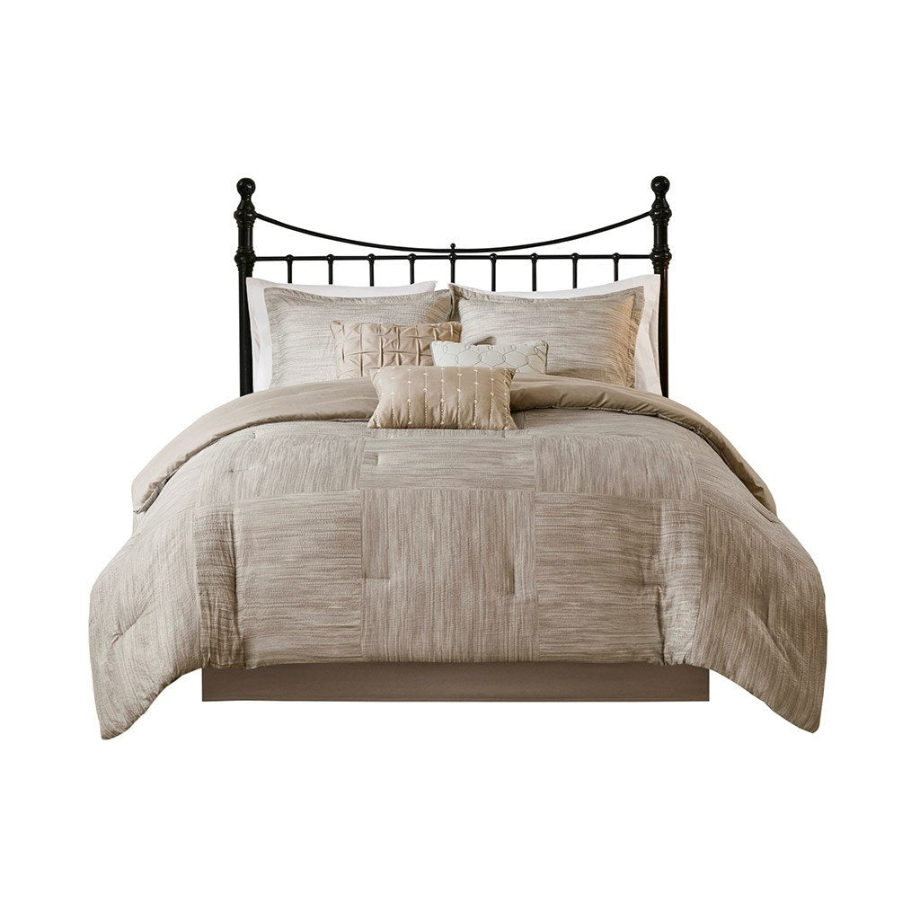 Madison Park Walter 100% Polyester Seersucker Printed Pieced 7Pcs Comforter Set - Queen - Taupe MP10-7085 By Olliix