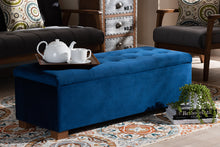 Load image into Gallery viewer, Baxton Studio Roanoke Modern and Contemporary Navy Blue Velvet Fabric Upholstered Grid-Tufted Storage Ottoman Bench
