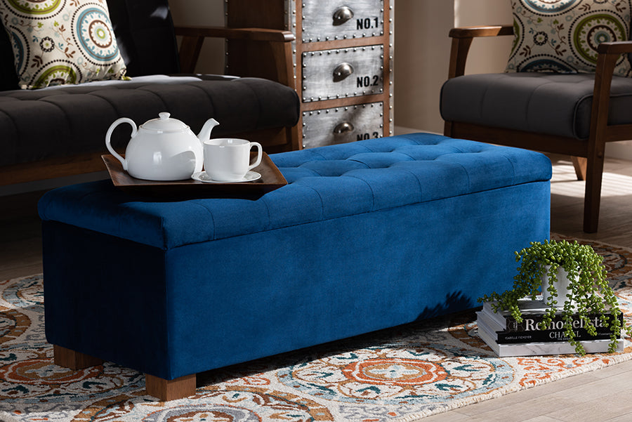 Baxton Studio Roanoke Modern and Contemporary Navy Blue Velvet Fabric Upholstered Grid-Tufted Storage Ottoman Bench