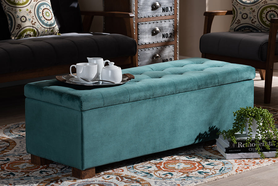 Baxton Studio Roanoke Modern and Contemporary Teal Blue Velvet Fabric Upholstered Grid-Tufted Storage Ottoman Bench