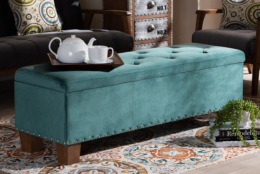 Baxton Studio Hannah Modern and Contemporary Teal Blue Velvet Fabric Upholstered Button-Tufted Storage Ottoman Bench
