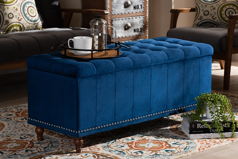 Baxton Studio Kaylee Modern and Contemporary Navy Blue Velvet Fabric Upholstered Button-Tufted Storage Ottoman Bench