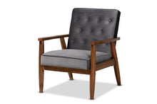 Load image into Gallery viewer, Baxton Studio Sorrento Mid-century Modern Grey Velvet Fabric Upholstered Walnut Finished Wooden Lounge Chair

