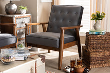 Load image into Gallery viewer, Baxton Studio Sorrento Mid-century Modern Grey Velvet Fabric Upholstered Walnut Finished Wooden Lounge Chair
