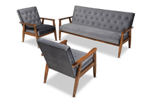 Load image into Gallery viewer, Baxton Studio Sorrento Mid-century Modern Grey Velvet Fabric Upholstered Walnut Finished 3-Piece Wooden Living Room Set
