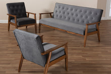 Load image into Gallery viewer, Baxton Studio Sorrento Mid-century Modern Grey Velvet Fabric Upholstered Walnut Finished 3-Piece Wooden Living Room Set
