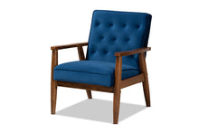 Load image into Gallery viewer, Baxton Studio Sorrento Mid-century Modern Navy Blue Velvet Fabric Upholstered Walnut Finished Wooden Lounge Chair
