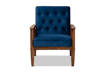 Load image into Gallery viewer, Baxton Studio Sorrento Mid-century Modern Navy Blue Velvet Fabric Upholstered Walnut Finished Wooden Lounge Chair
