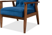 Load image into Gallery viewer, Baxton Studio Sorrento Mid-century Modern Navy Blue Velvet Fabric Upholstered Walnut Finished Wooden Lounge Chair
