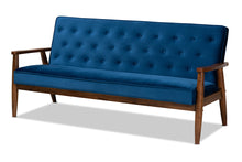 Load image into Gallery viewer, Baxton Studio Sorrento Mid-century Modern Navy Blue Velvet Fabric Upholstered Walnut Finished 3-Piece Wooden Living Room Set
