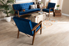 Load image into Gallery viewer, Baxton Studio Sorrento Mid-century Modern Navy Blue Velvet Fabric Upholstered Walnut Finished 3-Piece Wooden Living Room Set
