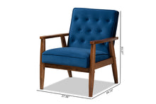 Load image into Gallery viewer, Baxton Studio Sorrento Mid-century Modern Navy Blue Velvet Fabric Upholstered Walnut Finished Wooden Lounge Chair
