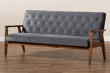 Load image into Gallery viewer, Baxton Studio Sorrento Mid-century Modern Grey Velvet Fabric Upholstered Walnut Finished Wooden 3-seater Sofa
