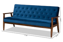 Load image into Gallery viewer, Baxton Studio Sorrento Mid-century Modern Navy Blue Velvet Fabric Upholstered Walnut Finished Wooden 3-seater Sofa
