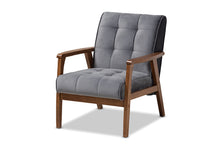 Load image into Gallery viewer, Baxton Studio Asta Mid-Century Modern Grey Velvet Fabric Upholstered Walnut Finished Wood Armchair
