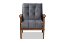Load image into Gallery viewer, Baxton Studio Asta Mid-Century Modern Grey Velvet Fabric Upholstered Walnut Finished Wood Armchair
