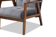 Load image into Gallery viewer, Baxton Studio Asta Mid-Century Modern Grey Velvet Fabric Upholstered Walnut Finished Wood Armchair

