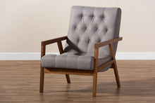 Load image into Gallery viewer, Baxton Studio Naeva Mid-Century Modern Grey Fabric Upholstered Walnut Finished Wood Armchair

