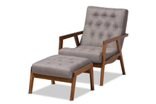 Load image into Gallery viewer, Baxton Studio Naeva Mid-Century Modern Grey Fabric Upholstered Walnut Finished Wood 2-Piece Armchair and Footstool Set
