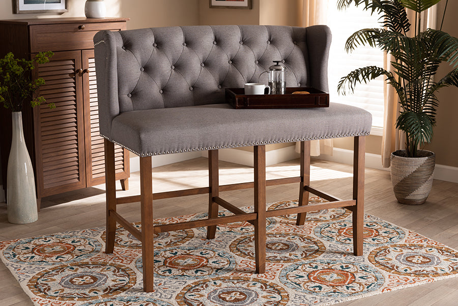 Baxton Studio Alira Modern and Contemporary Grey Fabric Upholstered Walnut Finished Wood Button Tufted Bar Stool Bench