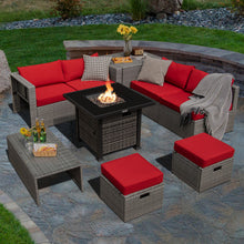 Load image into Gallery viewer, 9 Pieces Outdoor Patio Furniture Set with 32-Inch Propane Fire Pit Table-Red
