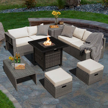 Load image into Gallery viewer, 9 Pieces Outdoor Patio Furniture Set with 32-Inch Propane Fire Pit Table-Off White
