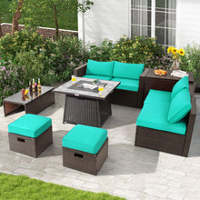 Load image into Gallery viewer, 9 Pieces Patio PE Wicker Sectional Set with 50000 BTU Fire Pit Table-Turquoise
