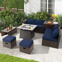 Load image into Gallery viewer, 9 Pieces Patio PE Wicker Sectional Set with 50000 BTU Fire Pit Table-Navy

