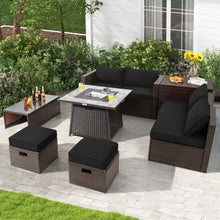 Load image into Gallery viewer, 9 Pieces Patio PE Wicker Sectional Set with 50000 BTU Fire Pit Table-Black
