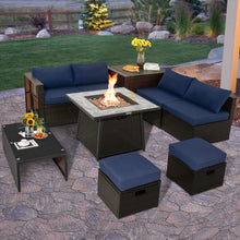 Load image into Gallery viewer, 9 Pieces Patio PE Wicker Sectional Set with 50000 BTU Fire Pit Table-Navy
