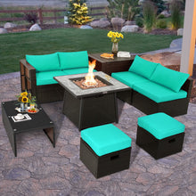 Load image into Gallery viewer, 9 Pieces Patio PE Wicker Sectional Set with 50000 BTU Fire Pit Table-Turquoise
