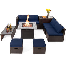 Load image into Gallery viewer, 9 Pieces Patio PE Wicker Sectional Set with 50000 BTU Fire Pit Table-Navy
