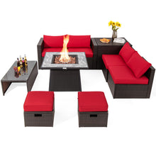 Load image into Gallery viewer, 9 Pieces Patio PE Wicker Sectional Set with 50000 BTU Fire Pit Table-Red
